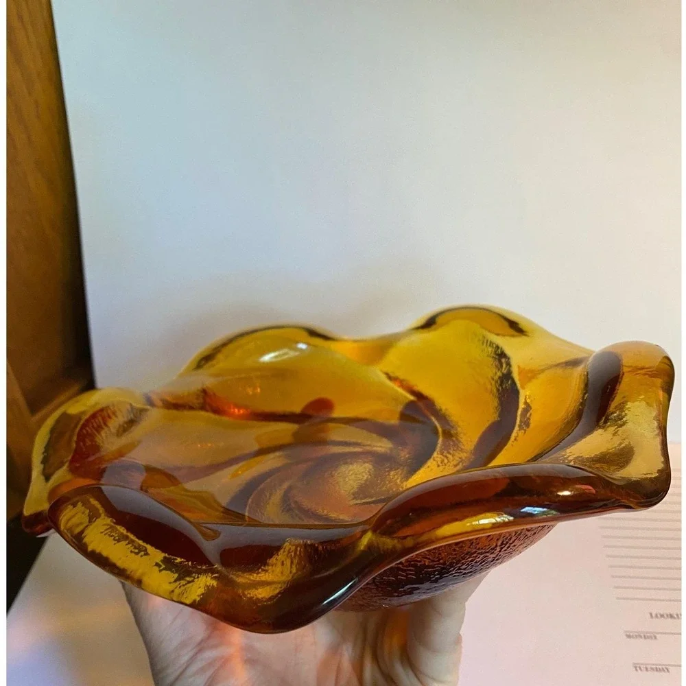 Vintage Amber Heavy Glass Bowl Dish MCM Home Decor Swirl‎ Petal Excellent